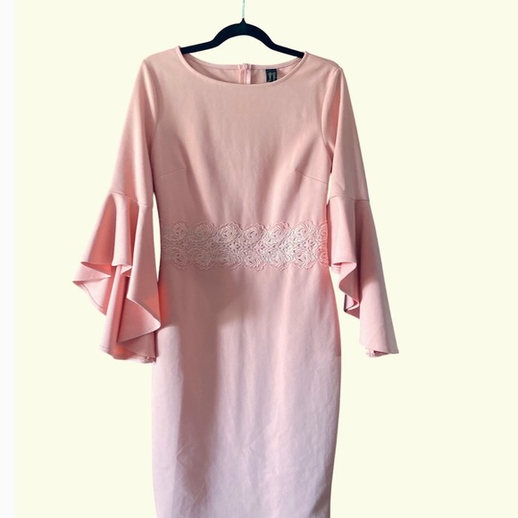 Coral Midi Dress‎ Bell Sleeves Lace Trim Elegant Cocktail Party Dress Size M - Picture 1 of 16